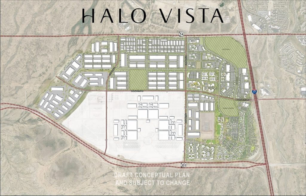 A conceptual site plan labeled "Halo Vista" showing outlined buildings, roads, and green spaces with a highway on the right and a note stating the plan is draft and subject to change.
