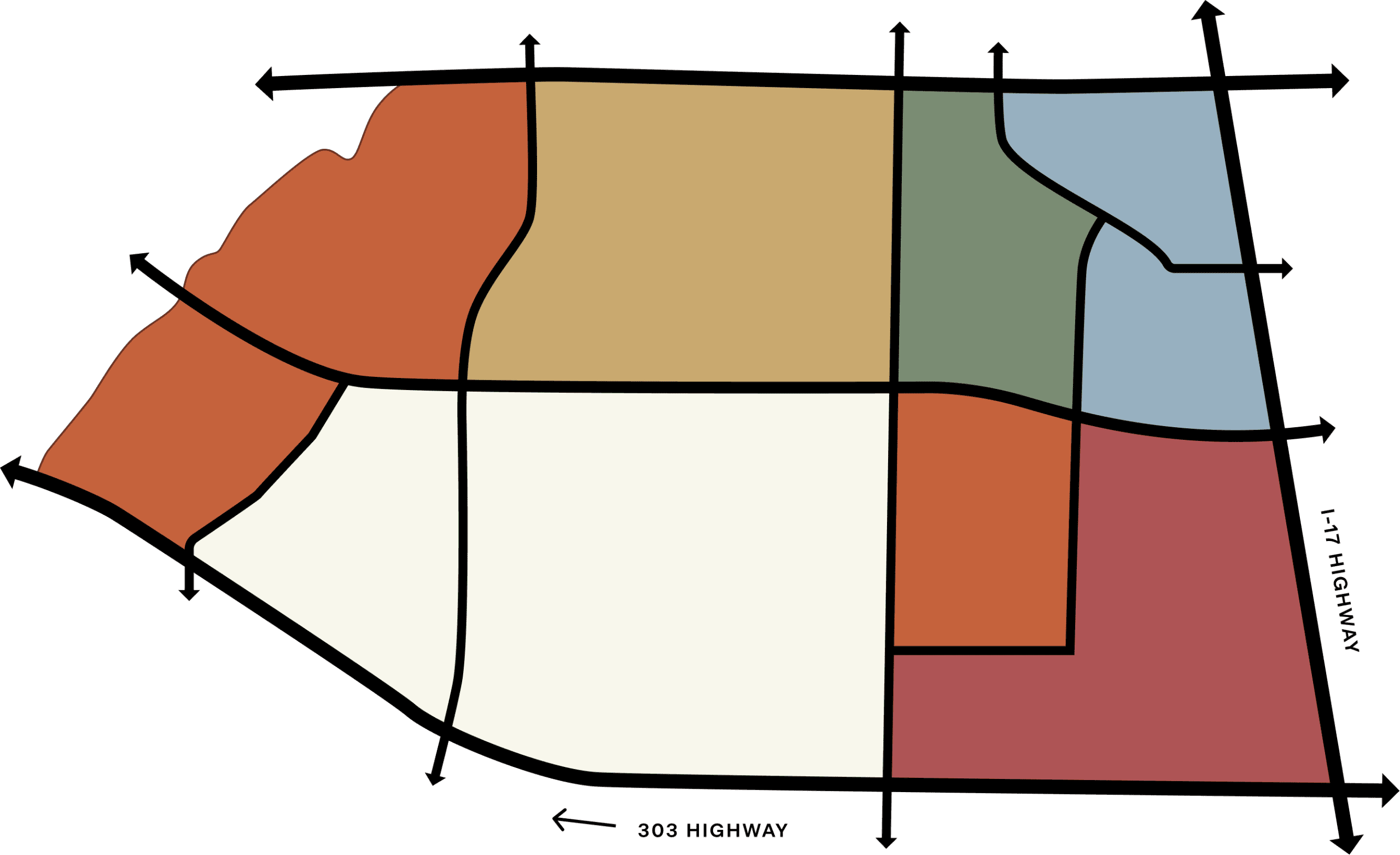 HaloVista A map shows a region divided into five colored zones with bold black boundary lines, intersected by two labeled highways: 303 Highway and 147 Highway.