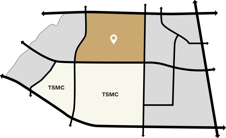 HaloVista A simplified map showing two areas labeled "TSMC" and a shaded area with a location marker above them; bold arrows indicate major roads.