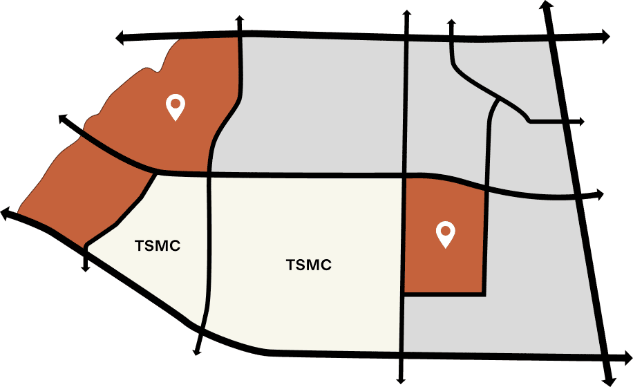 HaloVista Simplified map showing two marked locations, labeled regions, and major roads; two areas are labeled TSMC, and two locations are indicated with map pins.