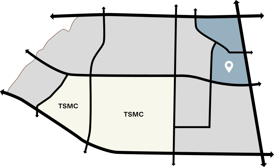HaloVista Simple map illustrating a region divided by bold black lines, with two areas labeled "TSMC" and a blue shaded zone marked with a location pin.
