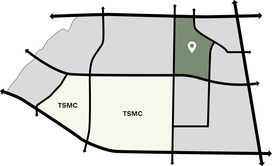 HaloVista Simple map showing two large areas labeled "TSMC," intersected by thick black roads, with a green section in the upper right marked by a location pin.