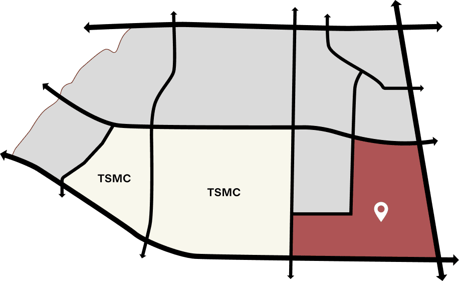 HaloVista Simple map with bold black lines showing roads, labeled areas marked "TSMC," and a red shaded section on the right with a location pin icon.