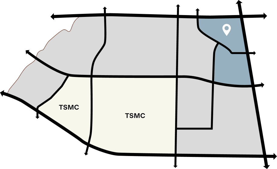 HaloVista Simple map diagram with thick black lines for roads, labeled areas marked "TSMC," and a blue highlighted section in the upper right with a location pin symbol.